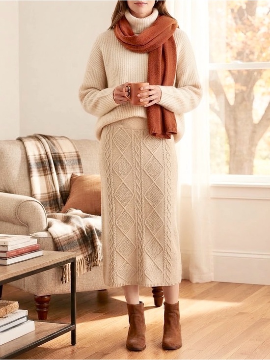 Dresses & Skirts - NEW Beige Cable Stretchy Knit Bodycon Midi Sweater Skirt